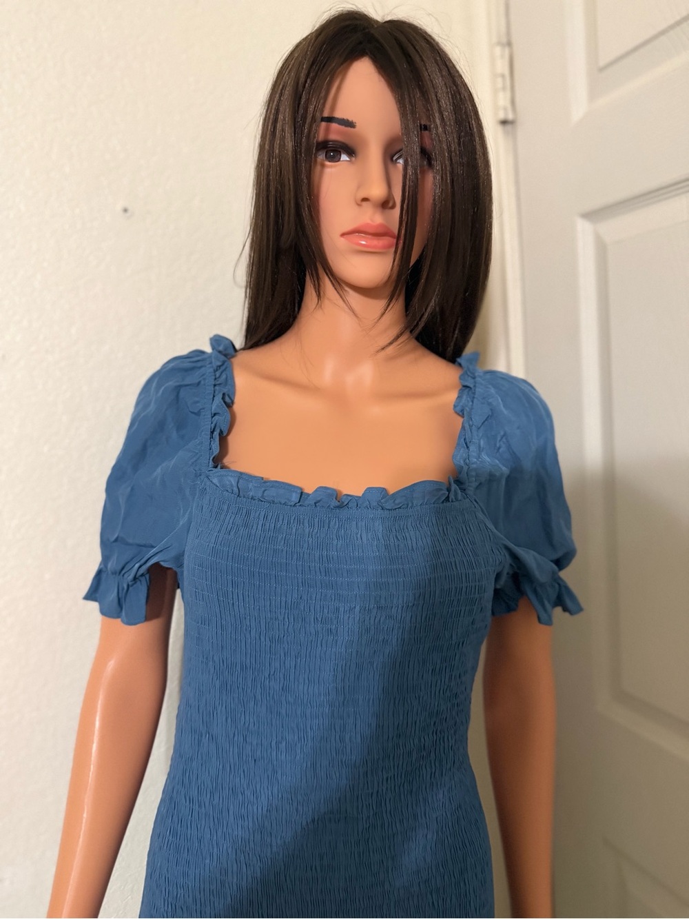 Smocked Square-Neck Midi Dress with Puff Sleeves - Picture 2 of 5